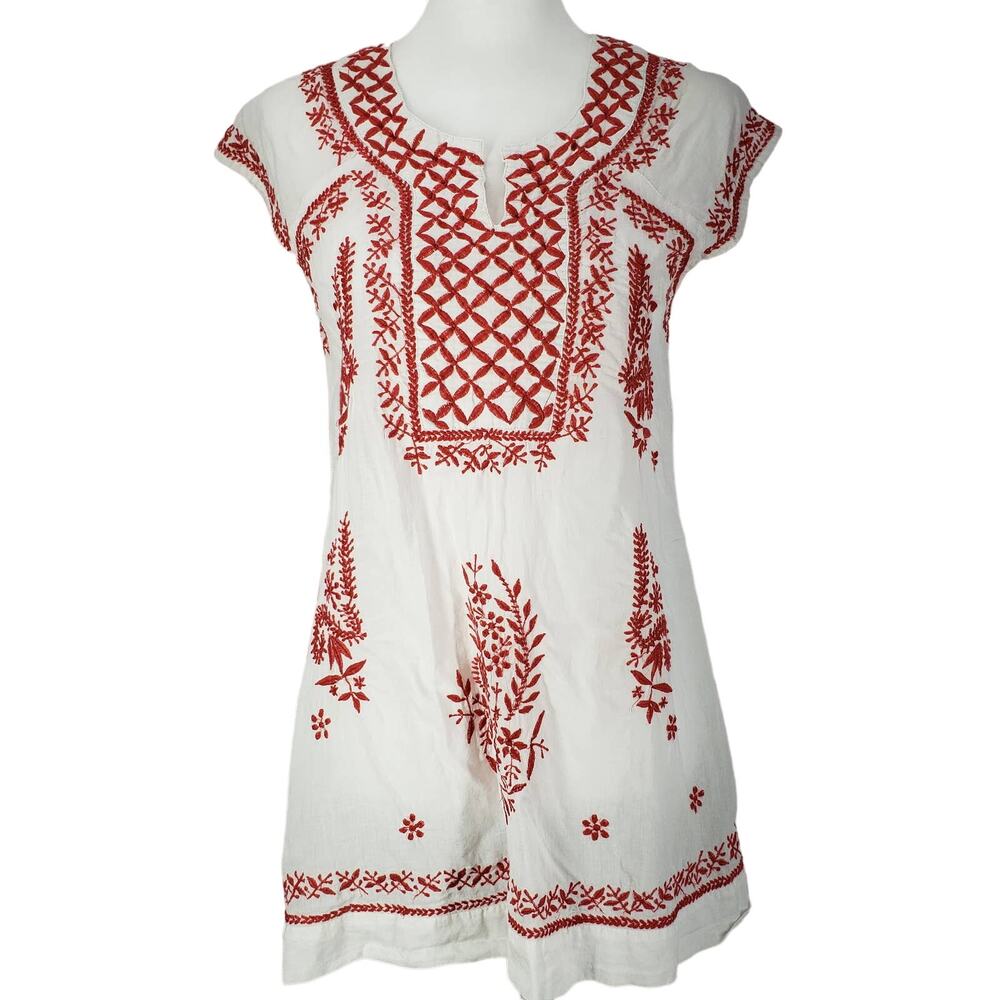 Laffair Women's 100%CottonWhite Red Embroidered Top Blouse Size Small